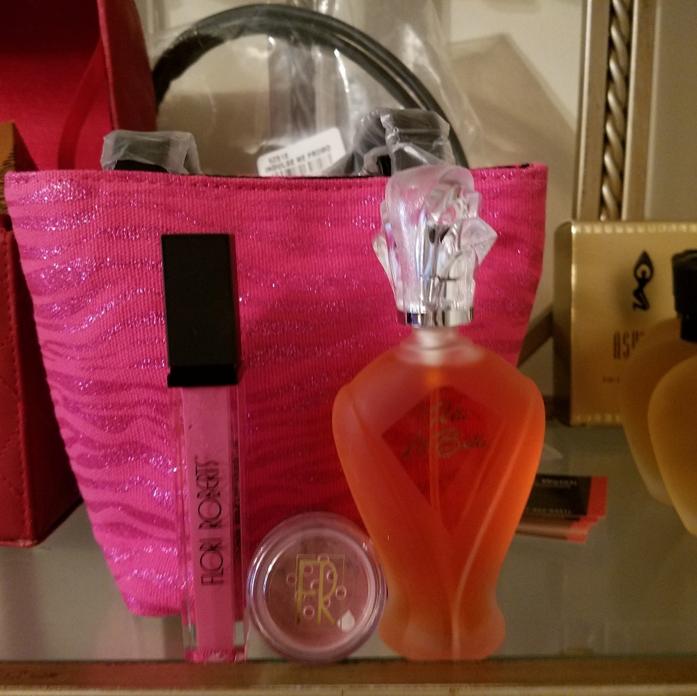 Lip Gloss, Eyeshadow,  Fragrance, and bag